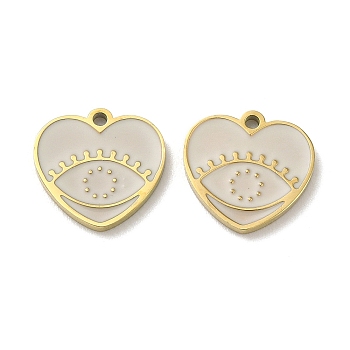 Ion Plating(IP) 316L Surgical Stainless Steel Charms, with Enamel, Real 18K Gold Plated, Heart with Eye Charm, White, 11.5x12x1.5mm, Hole: 1.2mm