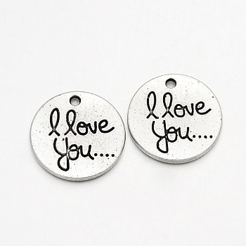 Flat Round with I Love You Tibetan Style Alloy Pendants, Cadmium Free & Lead Free, Antique Silver, 20x2.5mm, Hole: 2mm, about 130pcs/500g