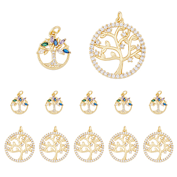 12Pcs 2 Styles Brass Micro Pave Cubic Zirconia Pendants, Real 18K Gold Plated, Long-Lasting Plated, with Jump Ring, Ring with Tree Charm, Mixed Color, 16~25x13~23x3~4mm, Hole: 3mm, 6pcs/style