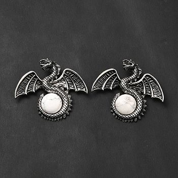 Natural Howlite Big Pendants, Dragon Charms, with Rack Plating Antique Silver Tone Alloy Findings, Cadmium Free & Lead Free, 49x56x12mm, Hole: 6~6.5mm