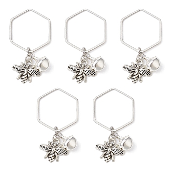 Alloy Bees and Iron Bell Pendant Decoration, with Brass Hexagon Ring, Platinum, 39mm, 10pcs/set