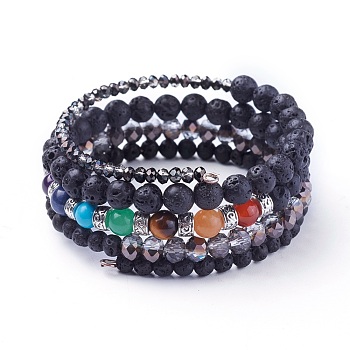 Natural Lava Rock and Mixed Gemstone Warp Bracelets, with Glass Beads and Alloy Findings, 50mm
