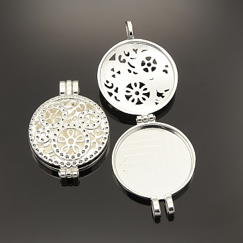 Hollow Flat Round Photo Frames Alloy Diffuser Locket Pendants, Silver Color Plated, Tray: 30mm, 44x33x9mm, Hole: 4mm