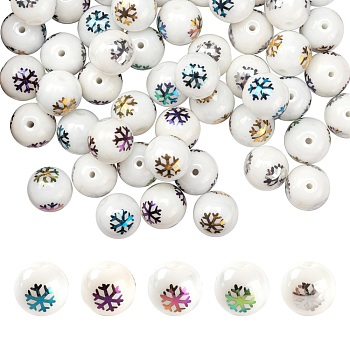 50Pcs 5 Colors Christmas Opaque Glass Beads, Round with Electroplate Snowflake Pattern, Mixed Color, 10mm, Hole: 1.2mm, 10pcs/color