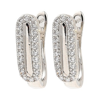 Brass Micro Pave Cubic Zirconia Hoop Earrings, Hollow Oval, Platinum, 19x6x13mm