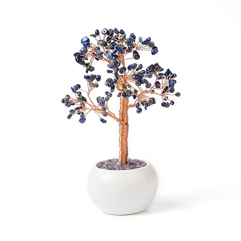 Natural Lapis Lazuli Chips with Brass Wrapped Wire Money Tree on Ceramic Vase Display Decorations, for Home Office Decor Good Luck, 120x50.5x190mm