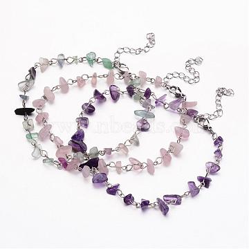 Natural Gemstone Chip Beaded Anklets, with 304 Stainless Steel Lobster Claw Clasps and Iron Findings, Mixed Color, 10-1/4 inch(260mm)(AJEW-AN00175)