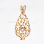 Brass Locket Pendants, Cage Pendants, Cadmium Free & Nickel Free & Lead Free, Hollow, teardrop, Light Gold, 29.5x12mm, Hole: 6x3mm, Inner Measure: 16x10mm(KK-Q748-071KC)