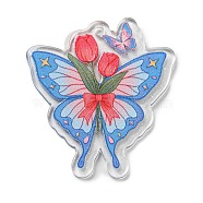 Acrylic Pendant, Buttfly with Flower Charm, Cornflower Blue, 40x36x2mm, Hole: 2mm(MACR-K343-04A-02)