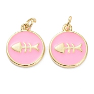 Brass Enamel Pendants, Long-Lasting Plated, Real 18K Gold Plated, Flat Round with Fishbone, Pink, 15.5x13x2mm, Hole: 3mm(ZIRC-J041-04C)