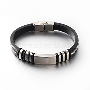 Leather Bracelets, with 304 Stainless Steel Findings and Clasps, Stainless Steel Color, Black, 210x9mm(BJEW-M102-02)