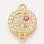 Alloy Rhinestone Links connectors, Cadmium Free & Lead Free, Flat Round with Peace Sign and Evil Eye, Red, Golden, 22.5x16x2mm, Hole: 1.5mm(ALRI-S170-34G)