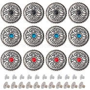 12 Sets 3 Colors Alloy Buttons, with Glass Rhinestone, DIY Accessaries, Flat Round with Flower, Mixed Color, 25.5x7.5mm, Hole: 2.5mm, 4 sets/color(FIND-GF0004-78)