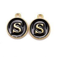 Golden Plated Alloy Charms, Cadmium Free & Lead Free, with Enamel, Enamelled Sequins, Flat Round with Letter, Black, Letter.S, 14x12x2mm, Hole: 1.5mm(X-ENAM-S118-02S)