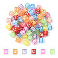 Transparent Acrylic Beads, Horizontal Hole, Cube with Random Initial Letter, Mixed Color, 6x6x6mm, Hole: 3.5mm(MACR-YW0002-16)