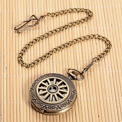 Openable Flat Round Alloy Pendant Pocket Watch, Quartz Watches, with Iron Chain, Antique Bronze, 360mm, Watch Head: 59x47x14mm(WACH-L024-18)