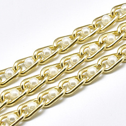 Aluminium Curb Chains, with ABS Plastic Imitation Pearl, with Spool, Unwelded, Light Gold, 12x6x2mm, Bead: 4mm, about 16.4 Feet(5m)/roll(CHA-T001-06LG)
