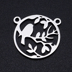 201 Stainless Steel Pendants, Filigree Joiners Findings, Laser Cut, Round Ring with Branch with Bird, Stainless Steel Color, 17.5x18x1mm, Hole: 1.5mm(STAS-S105-JN873-1)