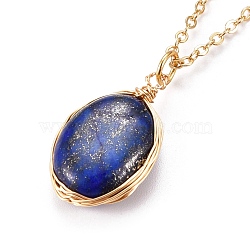Natural Lapis Lazuli Wire Wrapped Pendant Necklaces, with Brass Cable Chains, Oval, 15.94 inch(40.5cm)(NJEW-JN03080-03)