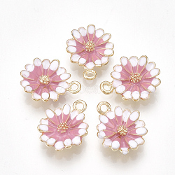 Alloy Pendants, with Enamel, Flower, Light Gold, Flamingo, 15x12x3mm, Hole: 1.4mm(X-PALLOY-S177-08E)