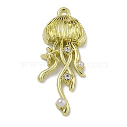 Rack Plating Alloy Pendants, with ABS Plastic Beads and Rhinestone, Cadmium Free & Nickel Free & Lead Free, Jellyfish, Golden, 35x14.5x5.5mm, Hole: 1.6mm(PALLOY-F312-45G)