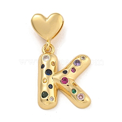 Brass Micro Pave Colorful Cubic Zirconia Pendants, Heart Letter Charms, Real 18K Gold Plated, Letter K, 30.5mm, Hole: 6x3mm, pendant: 21x16.5x4mm(KK-P281-01G-K)