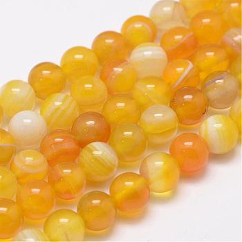 Natural Striped Agate/Banded Agate Bead Strands, Round, Dyed & Heated, Gold, 8mm, Hole: 1mm, about 47~48pcs/strand, 14.5 inch