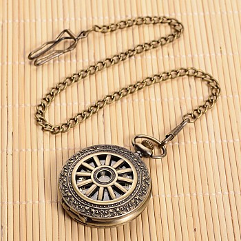 Openable Flat Round Alloy Pendant Pocket Watch, Quartz Watches, with Iron Chain, Antique Bronze, 360mm, Watch Head: 59x47x14mm