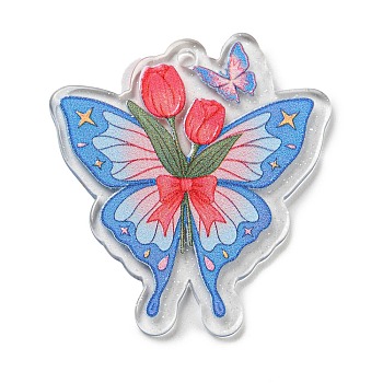 Acrylic Pendant, Buttfly with Flower Charm, Cornflower Blue, 40x36x2mm, Hole: 2mm