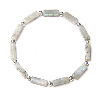 Natural Labradorite Beads Stretch Bracelets for Men, with Silver Brass Beads, Rectangle