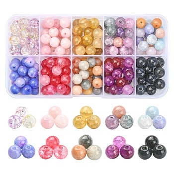 220Pcs 10 Colors Transparent Crackle Glass Beads Strands, Dyed & Heated, Round, Mixed Color, 8x7mm, Hole: 1.8mm, 22Pcs/color