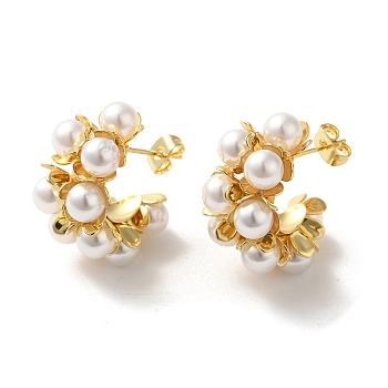 Brass Stud Earrings for Women, with ABS Plastic Imitation Pearl Beads, C-Shape, Real 18K Gold Plated, 24~26x15~15.5mm