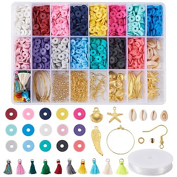 DIY Jewelry Set Making, with Handmade Polymer Clay Heishi Beads, Cowrie Shell Beads, Alloy Pendants, Brass Beads & Earring Findings, Elastic Crystal Thread, Nylon Thread Tassel Pendant, Mixed Color, 190x130x36mm