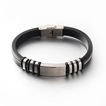 Leather Bracelets, with 304 Stainless Steel Findings and Clasps, Stainless Steel Color, Black, 210x9mm