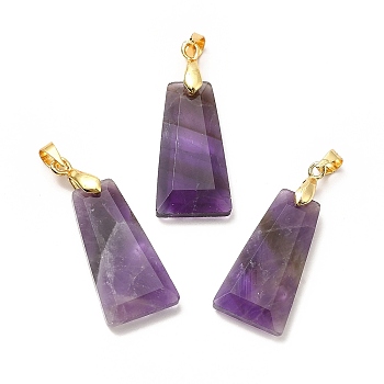 Natural Amethyst Pendants, Faceted Trapezoid Charms, with Rack Plating Golden Tone Brass Findings, Cadmium Free & Lead Free, 25~26x12.5~13x3.5~4mm, Hole: 5x4mm