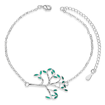 SHEGRACE Rhodium Plated 925 Sterling Silver Link Bracelets, with Epoxy Resin, Tree, Green, 6-1/2 inch(16.5cm)