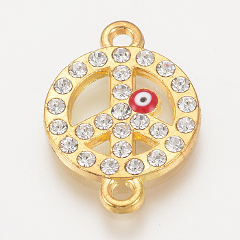 Alloy Rhinestone Links connectors, Cadmium Free & Lead Free, Flat Round with Peace Sign and Evil Eye, Red, Golden, 22.5x16x2mm, Hole: 1.5mm