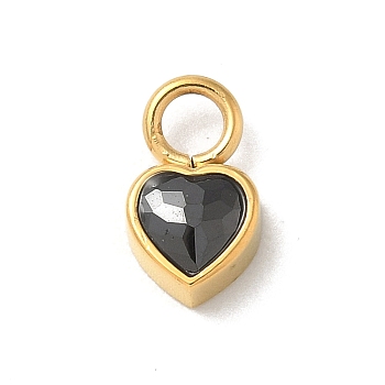 Ion Plating(IP) 304 Stainless Steel with Rhinestone Charms, Real 14K Gold Plated, Heart Charm, Jet, 9x5.5x3mm, Hole: 2mm