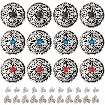 12 Sets 3 Colors Alloy Buttons, with Glass Rhinestone, DIY Accessaries, Flat Round with Flower, Mixed Color, 25.5x7.5mm, Hole: 2.5mm, 4 sets/color