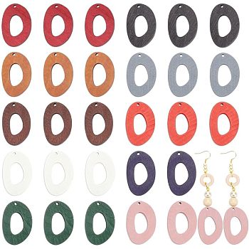 Nbeads 60Pcs 10 Colors Wood Pendants, Dyed, Curved Flat Oval Charms, Mixed Color, 39~40x26~27x4~4.5mm, Hole: 2mm, 6pcs/color