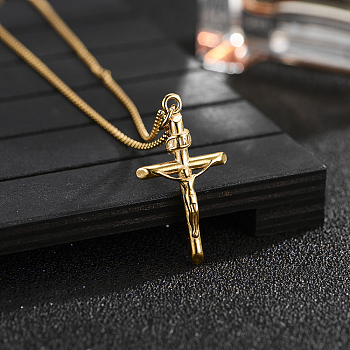 Crucifix Cross Stainless Steel Pendant Necklaces, Fashionable Luxurious, Real 18K Gold Plated, 23.62 inch(60cm)