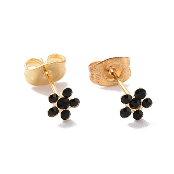 Rhinestone Flower Stud Earrings with 316L Surgical Stainless Steel Pins, Gold Plated 304 Stainless Steel Jewelry for Women, Jet, 5x5mm, Pin: 0.7mm