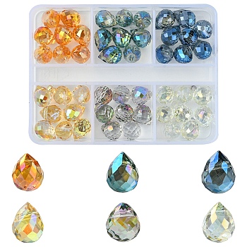 48Pcs 6 Colors Transparent Glass Beads Strands, Top Drilled Beads, AB Color Plated, Faceted Teardrop, Mixed Color, 9.5x8mm, Hole: 0.8mm, 8pcs/color