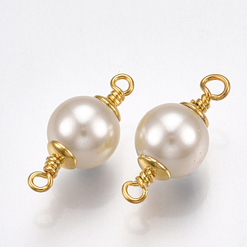 Brass Links connectors, with ABS Plastic Imitation Pearl, Round, Nickel Free, Real 18K Gold Plated, 21x10mm, Hole: 1.5mm