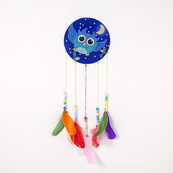 DIY Diamond Painting Hanging Woven Net/Web with Feather Pendant Kits, Including Acrylic Plate, Pen, Tray, Feather and Bells, Wind Chime Crafts for Home Decor, Owl Pattern, 400x146mm