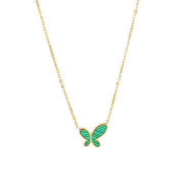Synthetic Malachite Butterfly Pendant Necklace with Titanium Steel Chains, Golden, 17.72 inch(45cm)