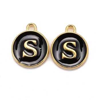 Golden Plated Alloy Charms, Cadmium Free & Lead Free, with Enamel, Enamelled Sequins, Flat Round with Letter, Black, Letter.S, 14x12x2mm, Hole: 1.5mm