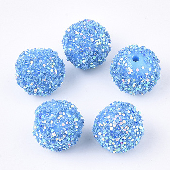 Acrylic Beads, Glitter Beads,with Sequins/Paillette, Round, Deep Sky Blue, 12x11mm, Hole: 2mm
