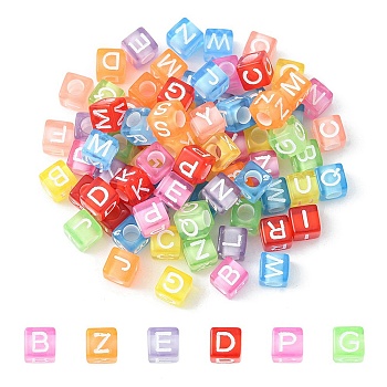 Transparent Acrylic Beads, Horizontal Hole, Cube with Random Initial Letter, Mixed Color, 6x6x6mm, Hole: 3.5mm