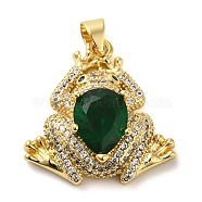 Rack Plating Brass Micro Pave Green Cubic Zirconia Pendants, with Glass, Long-Lasting Plated, Cadmium Free & Lead Free, Forg, Real 18K Gold Plated, 23x22.5x8.5mm, Hole: 4x3mm(KK-C047-01B-G)